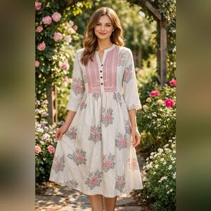 Utsa Women's Floral Embroidered Cotton Midi Dress Size Small Beige Pink Boho